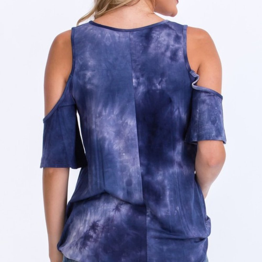 Blue Tie Dye short sleeve cold shoulder top - Picture 2 of 2